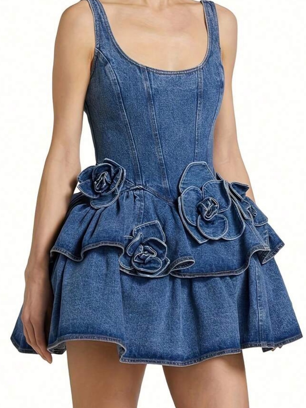 Denim Floral Peplum Mini Dress - Blue